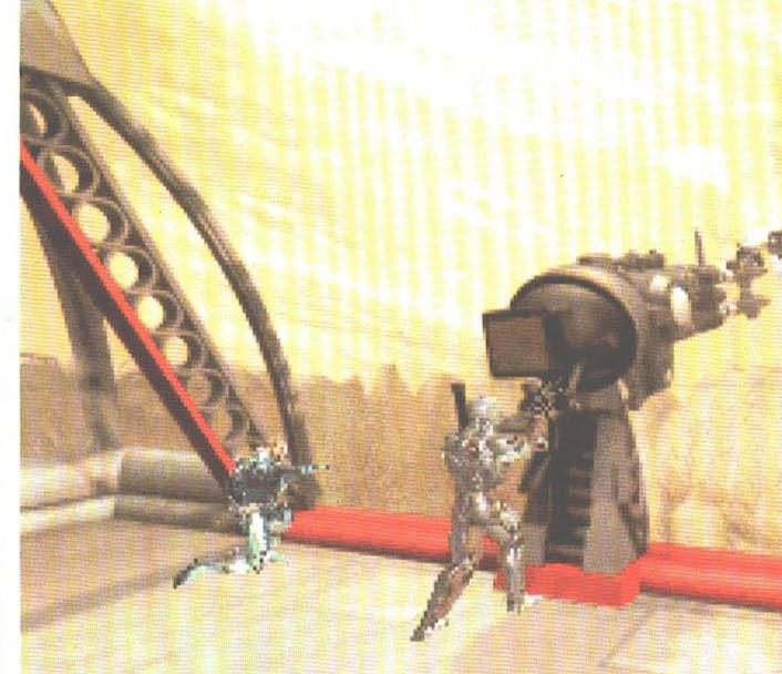 Sala cu șine roșii și lansatorul — combat cu roboții