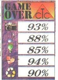 GAME OVER — grafică 93%, sunet 88%, idee 85%, feeling 94%, TOTAL 90%