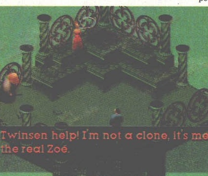 „Twinsen help! I'm not a clone, it's me, the real Zoe." — camera cu cartea, din Templul Bu