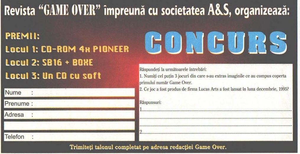 Talonul concursului Game Over + A&S, cu premiile și întrebările