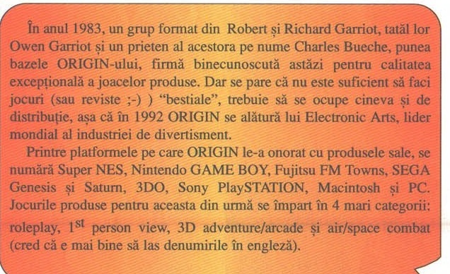 Caseta introductivă despre istoria ORIGIN