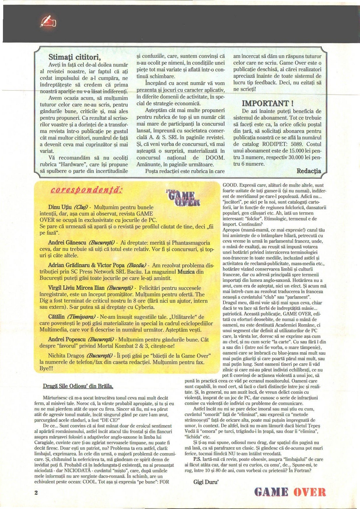 Numărul 2, pagina 4 — Editorial + Corespondenta