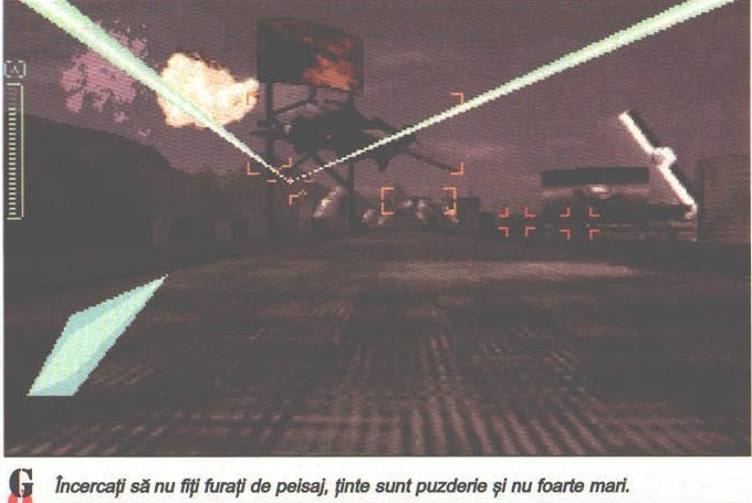 Cyberia 2 — crossing laser beams over a nighttime industrial yard, printed caption: "Încercați să nu fiți furați de peisaj, ținte sunt puzderie și nu foarte mari."