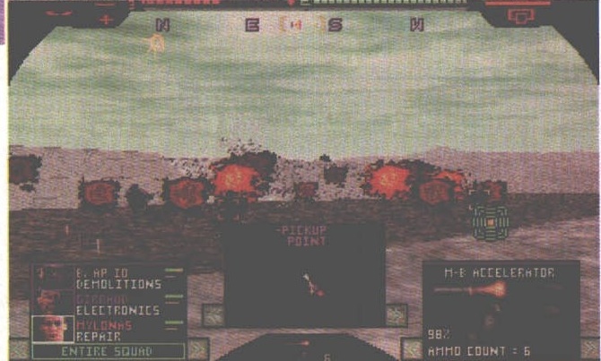 Terra Nova — first-person cockpit HUD with the three status displays, squad list and current weapon