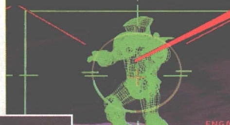 Terra Nova — targeting-reticle wireframe view of an enemy PBA suit, tagged ENGAG[ING]