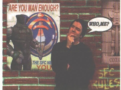Terra Nova — in-fiction recruiting photo: an actor in front of an "ARE YOU MAN ENOUGH?" SFC poster, captioned "WHO, ME?"