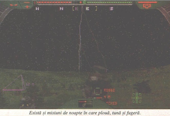 Terra Nova — a rainy night mission, with the printed caption: "Există și misiuni de noapte în care plouă, tună și fugeră."