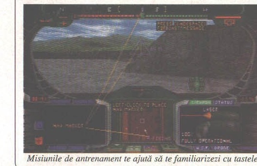 Terra Nova — the training-mission cockpit view, with the printed caption: "Misiunile de antrenament te ajută să te familiarizezi cu tastele"