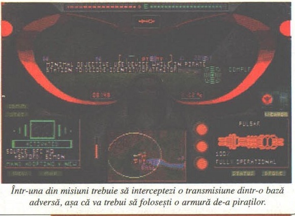 Terra Nova — intercepting a transmission wearing pirate armor, with the printed caption: "Într-una din misiuni trebuie să interceptezi o transmisiune dintr-o bază adversă, așa că va trebui să folosești o armură de-a pirraților."