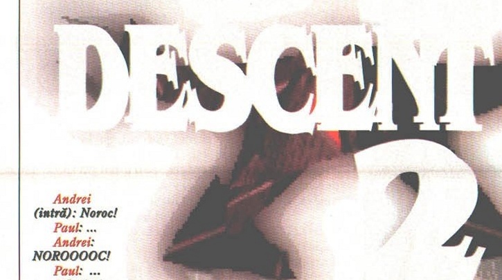 Descent 2 title banner, with the dissolving-ship art and the printed dialogue opener overlaid (Andrei/Paul) as part of the page design