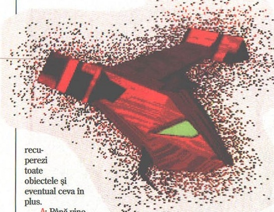 Descent II — the ship logo art dissolving into scattered pixels, a recurring decorative motif through the review