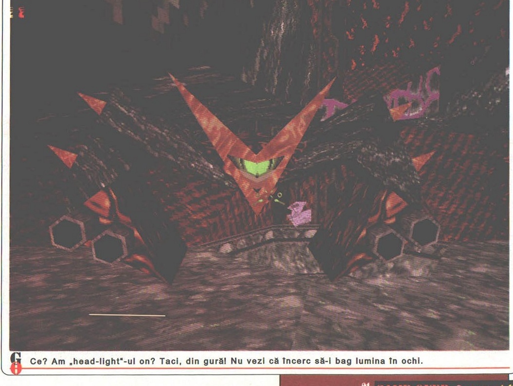 Descent II — a robot enemy lit by the ship's headlight in a red cavern, with the on-screen "GUIDE-BOT: HEY, YOUR HEADLIGHT'S ON!" message and the printed caption: "Ce? Am „head-light"-ul on? Taci, din gură! Nu vezi că încerc să-i bag lumina în ochi."