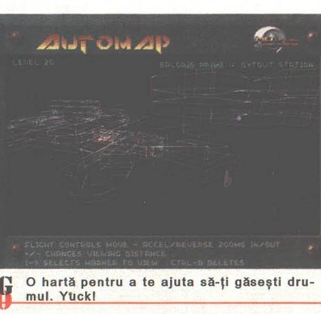 Descent II — the AUTOMAP wireframe level overview (Baloris Prime - Cutout Station), with the printed caption: "O hartă pentru a te ajuta să-ți găsești drumul. Yuck!"