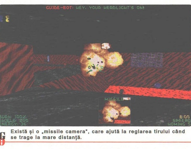 Descent II — firing a homing missile at a robot, with the on-screen missile-camera inset and HUD, and the printed caption: "Există și o „missile camera", care ajută la reglarea tirului când se trage la mare distanță."