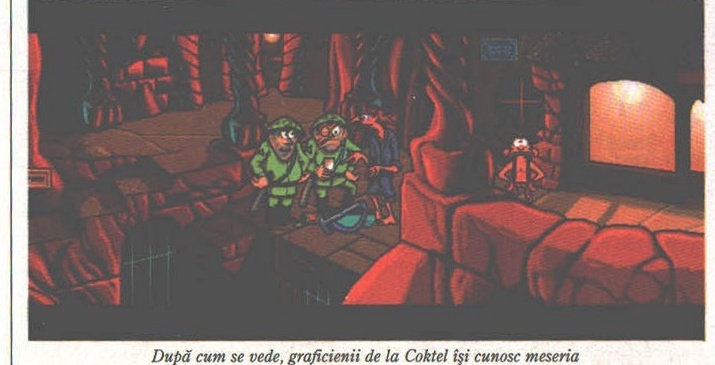 Woodruff — a torch-lit dungeon scene with two green-clad guard characters and a small red robot in the distance, with the printed caption: "După cum se vede, graficienii de la Coktel își cunosc meseria"