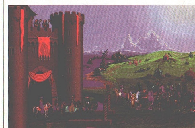 Heroes of Might and Magic — a red castle overlooking a green hilly landscape with armies gathered outside