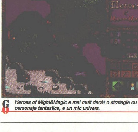 Heroes of Might and Magic — a dark battlefield tactical screen, with the printed caption: "Heroes of Might&Magic e mai mult decât o strategie cu personaje fantastice, e un mic univers."
