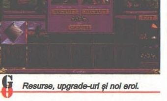 Heroes of Might and Magic — the hero/resource management screen, with the printed caption: "Resurse, upgrade-uri și noi eroi."