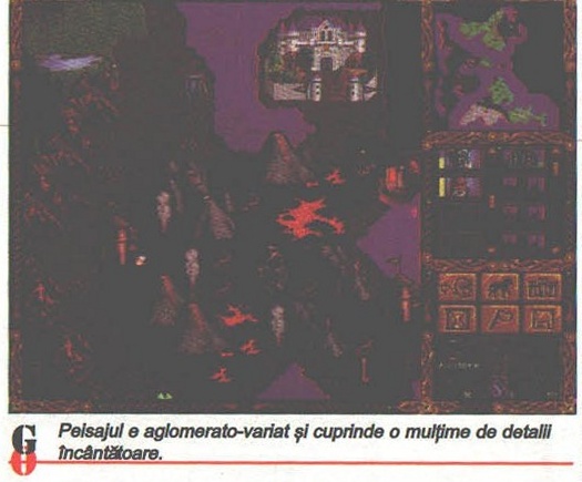 Heroes of Might and Magic — the overworld adventure map with a castle and the minimap panel, with the printed caption: "Peisajul e aglomerato-variat și cuprinde o mulțime de detalii încântătoare."