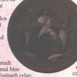 Decorative circular inset in the Civilopedia style, a robed emperor figure on a throne