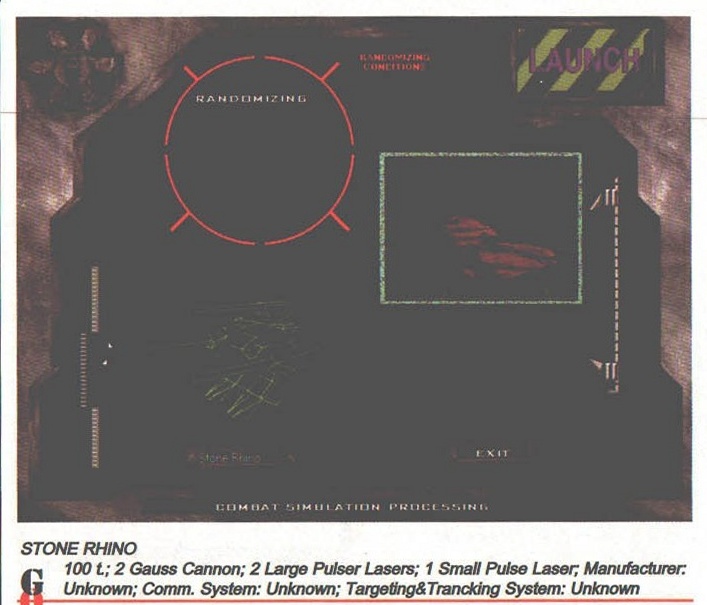 STONE RHINO combat simulation lab screen, with the printed stat block: 100 t; 2 Gauss Cannon; 2 Large Pulser Lasers; 1 Small Pulse Laser; Manufacturer: Unknown; Comm. System: Unknown; Targeting&Trancking System: Unknown