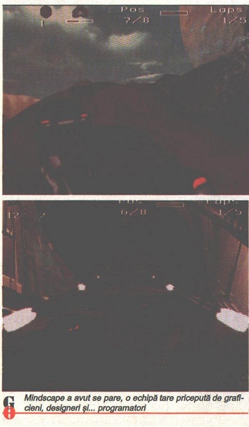 Two stacked in-cockpit tunnel-race screenshots, with the printed caption: Mindscape a avut se pare, o echipă tare priceputa de grafi-cieni, designeri și...programatori