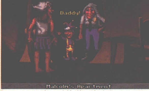 „Daddy!" — Malcolm alături de doi adulți, printat: „Malcolm's Apartment"