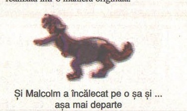 Ilustrație decorativă cu un dinozaur, printat: „Și Malcolm a încălecat pe o șa și ... așa mai departe"