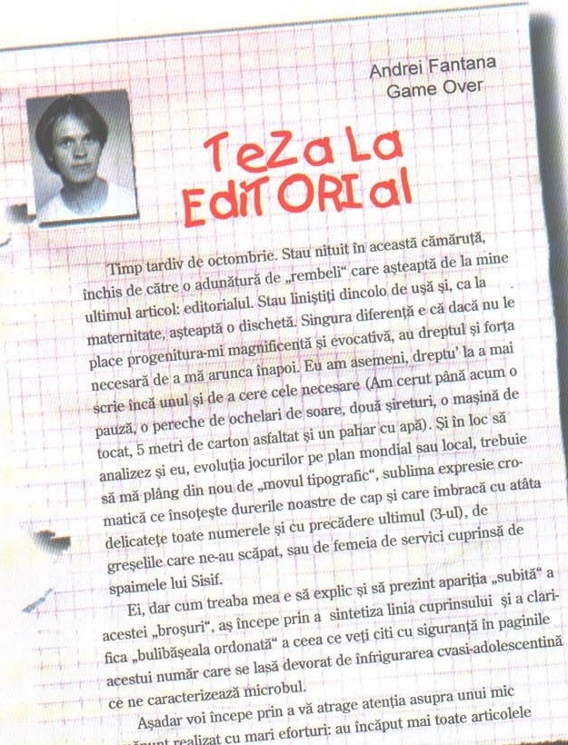 Editorialul „TeZa La EdiTORIal" de Andrei Fântână, pe fundal de foaie de caiet de matematică ruptă