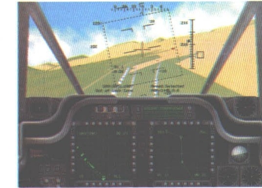 Apache Longbow cockpit view with wireframe targeting overlay over a hilly landscape