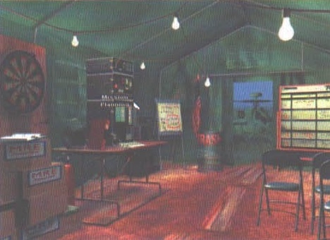 Jane's AH-64D briefing room with a dartboard and workbench