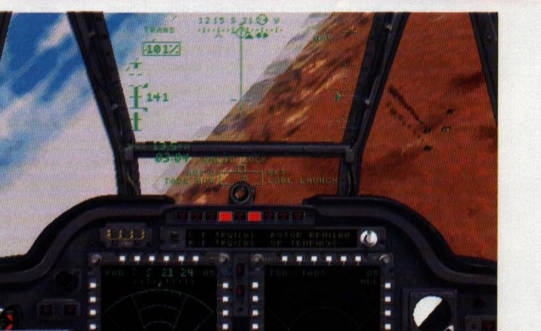 Jane's AH-64D cockpit HUD over a canyon at sunset, with a red-alert warning display