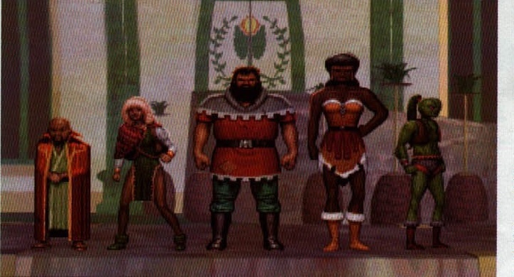 The five playable Anvil of Dawn party characters lined up before a throne