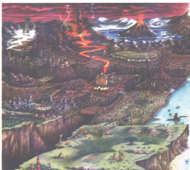 Aerial map of the Anvil of Dawn world, with an erupting volcano and a lava-lit path