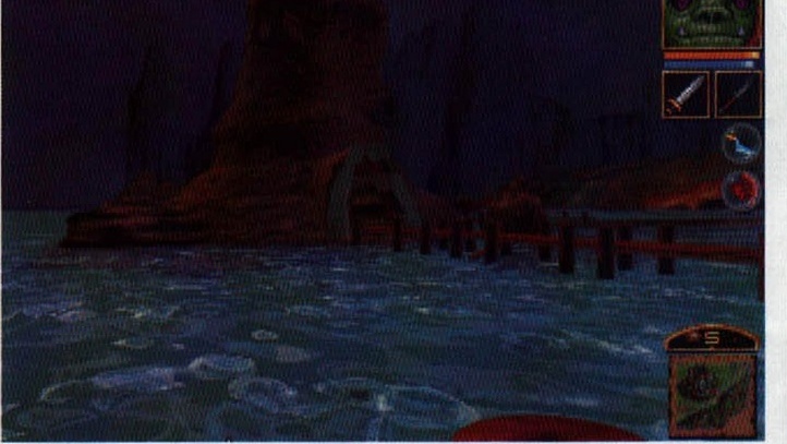 First-person view of a flooded pier at night, with the HUD showing health, weapons and spell icons