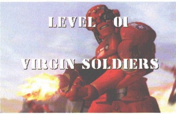 LEVEL 01 / VIRGIN SOLDIERS title banner over a red PBA-armor screenshot