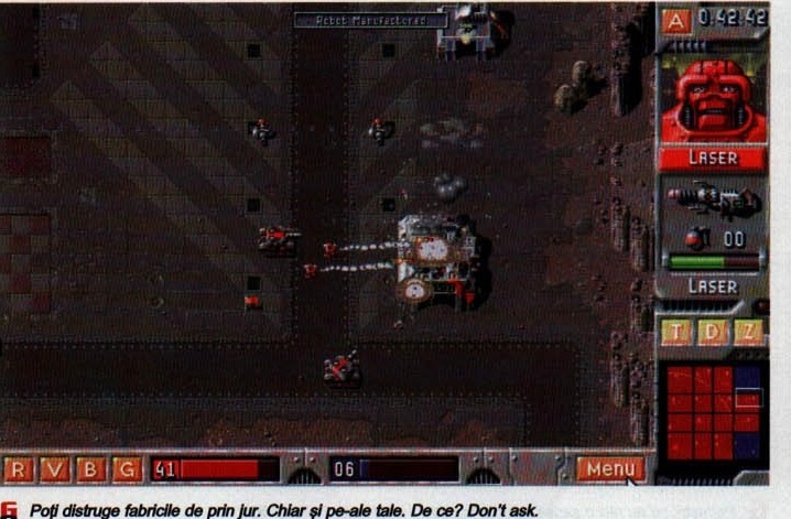 Base combat screenshot, captioned: "Poti distruge fabricile de prin jur. Chiar si pe-ale tale. De ce? Don't ask."