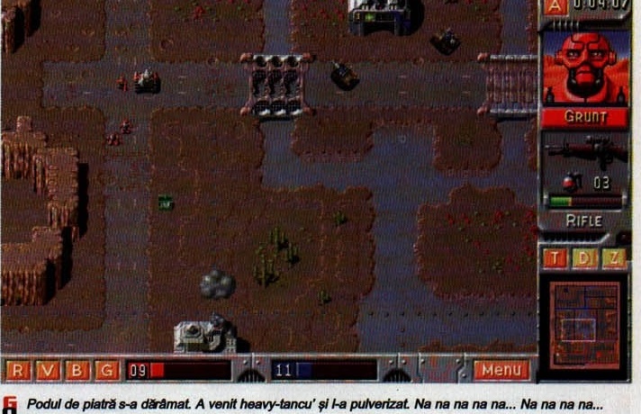 Heavy-tank combat screenshot, captioned: "Podul de piatra s-a daramat. A venit heavy-tancu' si l-a pulverizat. Na na na na na... Na na na na na..."