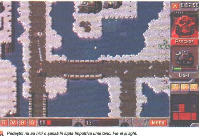Arctic-map combat screenshot, captioned: "Pedestrii nu au nici o sansa in lupta impotriva unui tanc. Fie el si light."