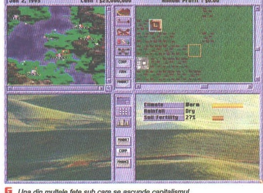 Company/world-map management screenshot, captioned: "Una din multele fete sub care se ascunde capitalismul."