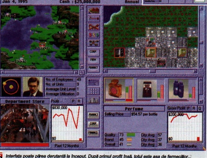 Company management screenshot, captioned: "Interfata poate parea derutanta la inceput. Dupa primul profit insa, totul este asa de fermecator..."