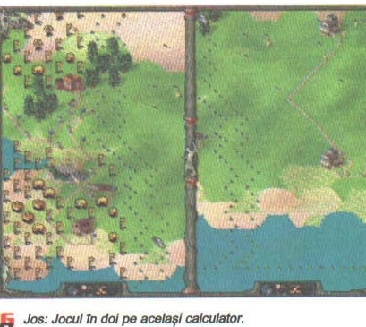 Split-screen two-player screenshot, captioned: "Jos: Jocul in doi pe acelasi calculator."