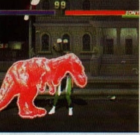 In-game screenshot: Stryker facing a red-outlined dinosaur opponent in a city arena