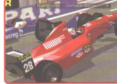 In-game screenshot: Ferrari in the pits, captioned \"Riding with Gerhard Berger\"