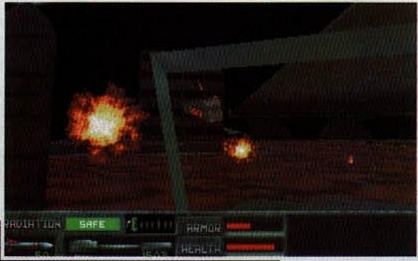 In-game first-person screenshot: explosions in a dark industrial area, HUD showing RADIATION/ARMOR/HEALTH