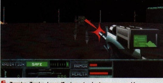 In-game first-person screenshot: firing a laser rifle at a robot, captioned \"Zzzzziup. Zzzzziup. Laser-rifle si cu asta... bastaaaaaaaaaaargh!\"