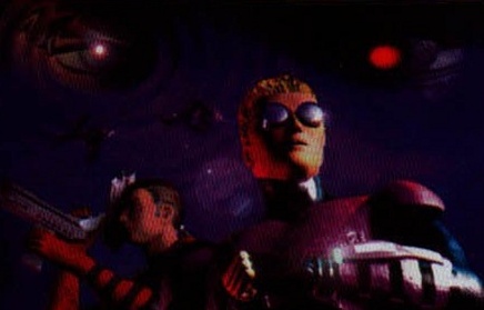 In-game screenshot of two characters in a dark sci-fi interior