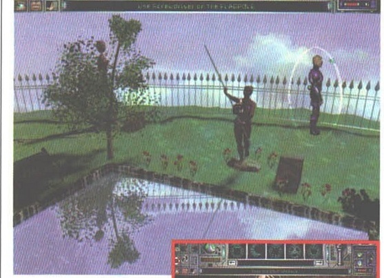 In-game screenshot of a walled garden/pond scene, captioned \"Sus: Natura moarta fara steag\"