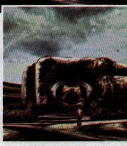 O construcție în ruină, în stil Giger, sub un cer furtunos