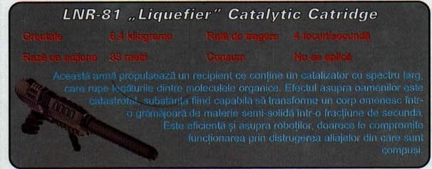 LNR-81 „Liquefier" Catalytic Catridge — panou cu caracteristici